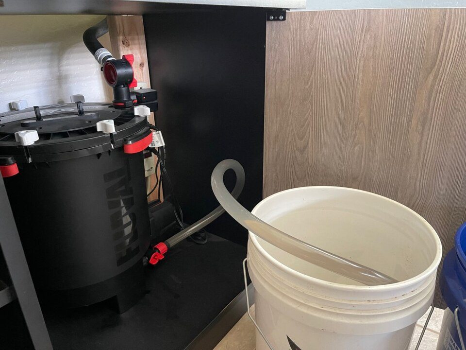 A canister filter with a drain hose